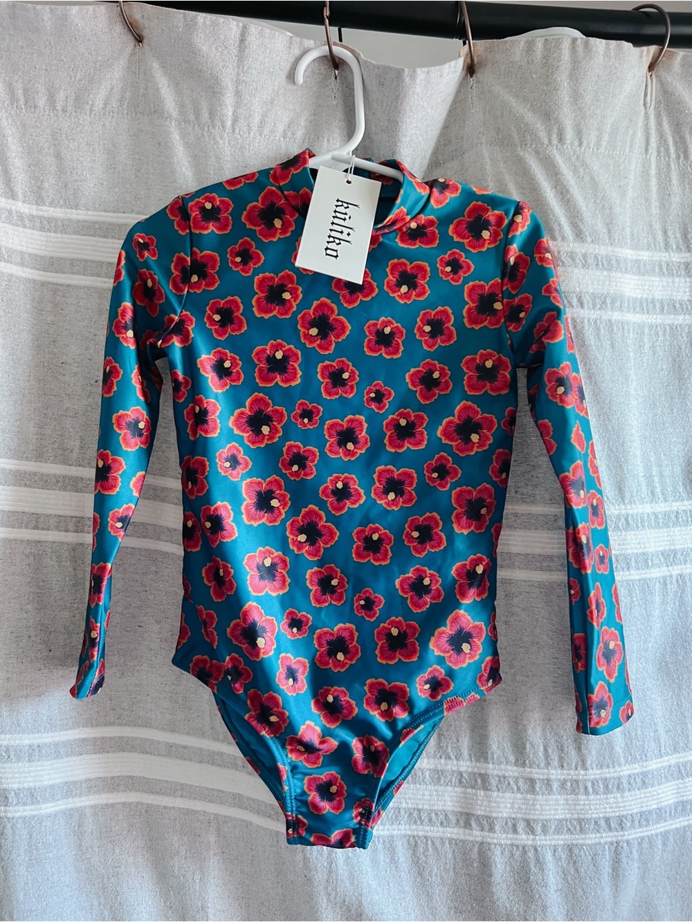 Hatley Kids Long-Sleeve Teal One-Piece Swimsuit with Red Floral Print
